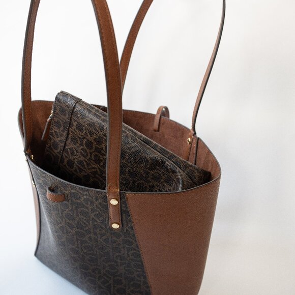 Calvin Klein CK Monogram Reversible Micro Suede Tote w/ Removable Pouch - Picture 11 of 12